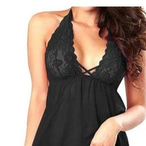 Black Babydoll Gown with Lace Embellishment